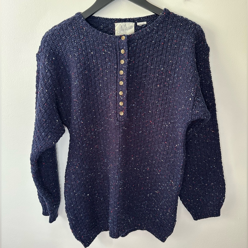 Vintage Navy Blue speckled confetti Cotton Sweater with Button Detail